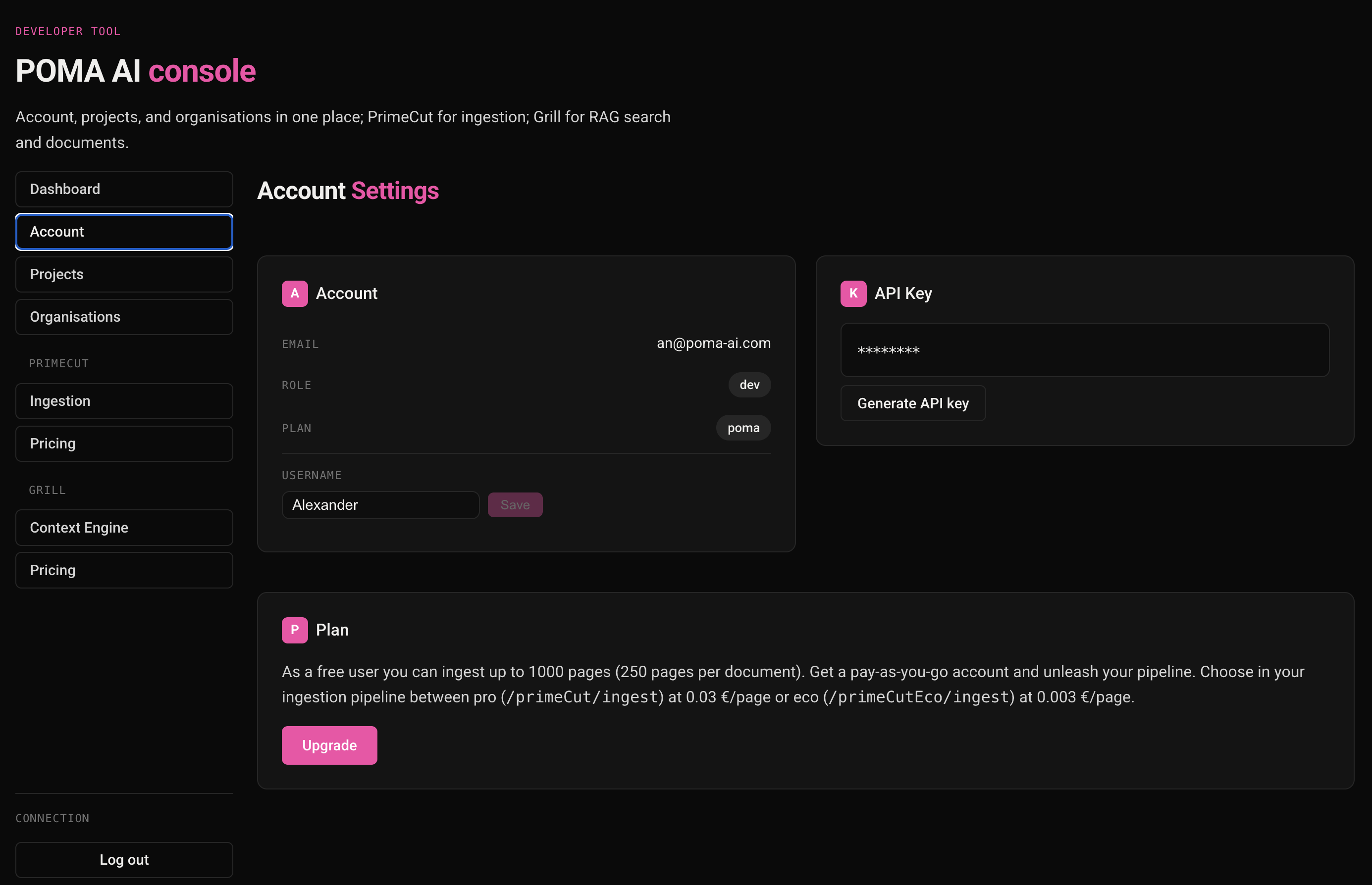 POMA Console — Account view, showing the API Key card on the right