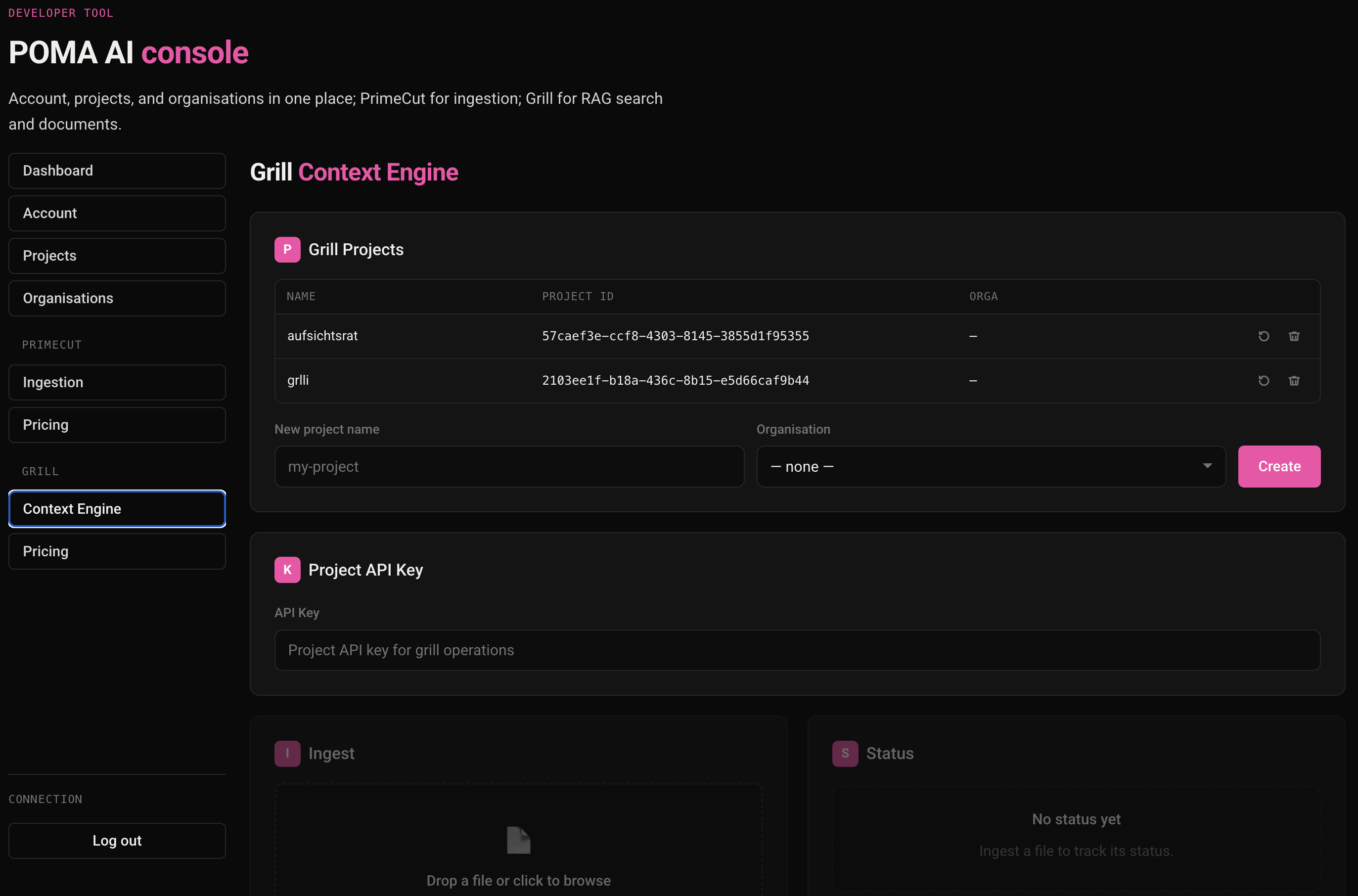 POMA Console — Grill Context Engine view, showing the Grill Projects list and the New project form