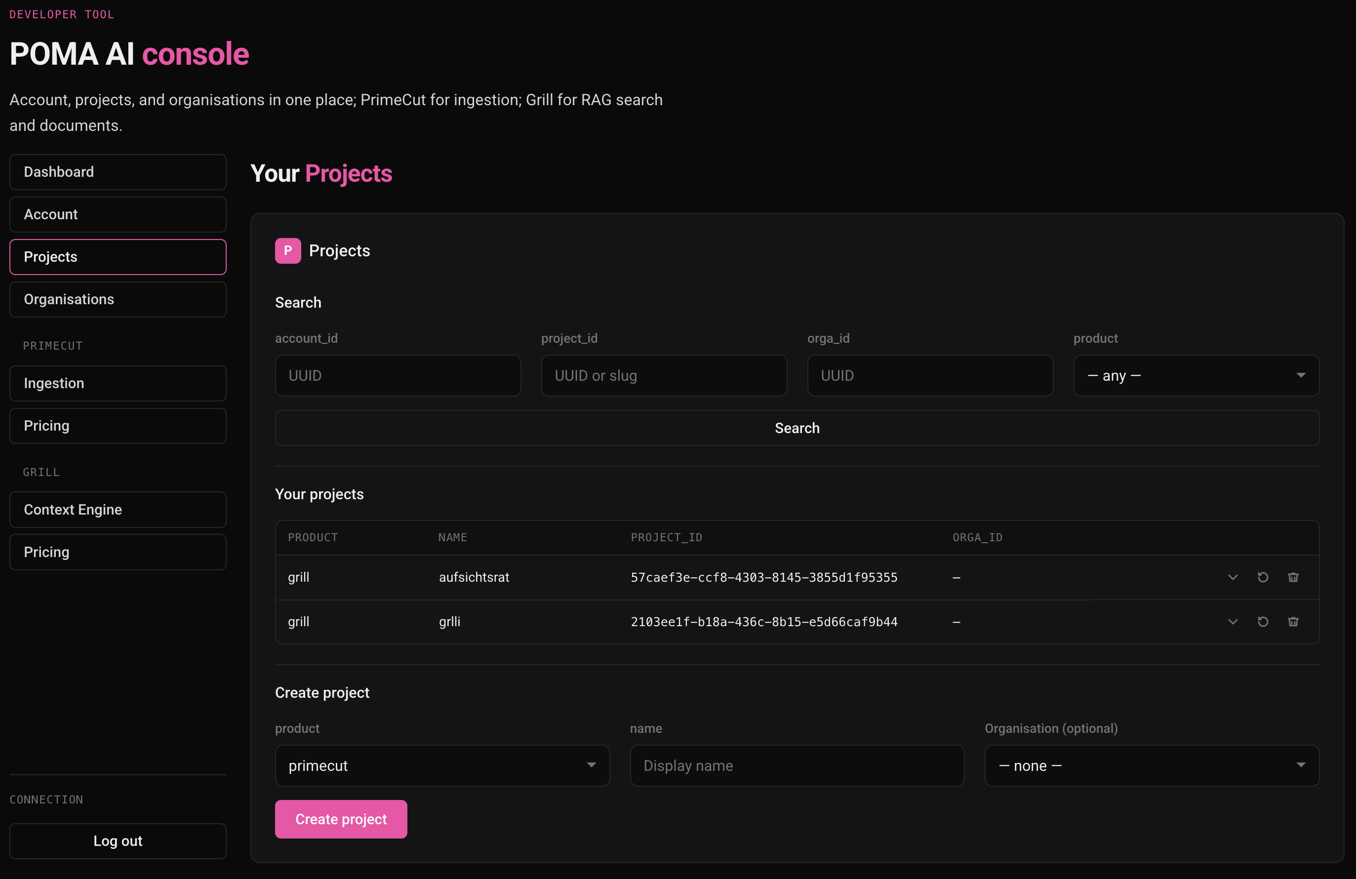 POMA Console — Projects view, with search filters, the project list, and a Create form